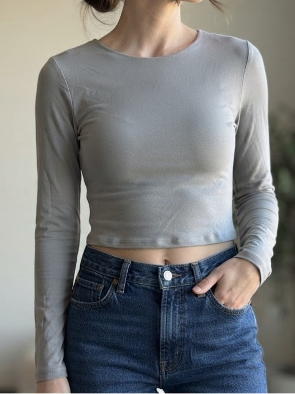 Pink Republic Light Gray Long Sleeve Crop Top